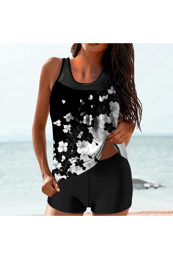 2 Piece Womens Swimsuits Tops High Waisted Modest Tankini Sets Holiday Floral Women's Swimwear XL