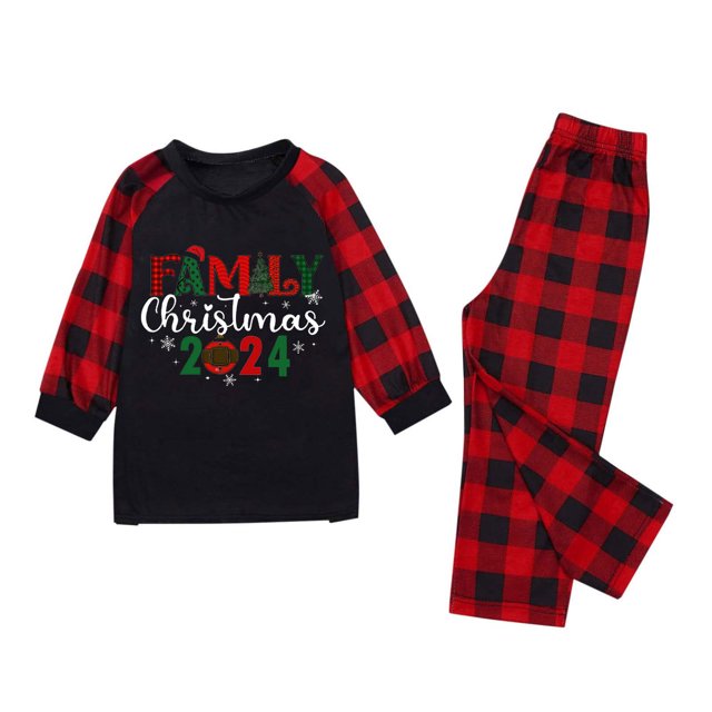 Dolkfu 2024 Family Christmas Pajamas Set Letter Printed Long Sleeve