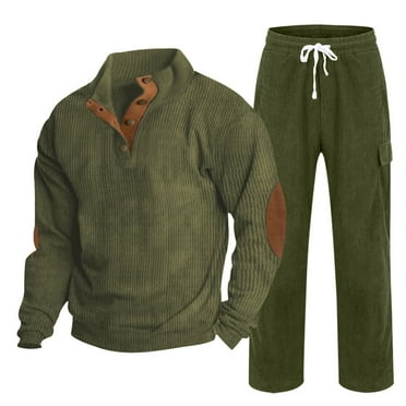 Dolkfu 2pc Sets for Men Corduroy Sweatshirt Pants Button Up Color Block Stand Collar Track Suit Men's Outfits Sets L