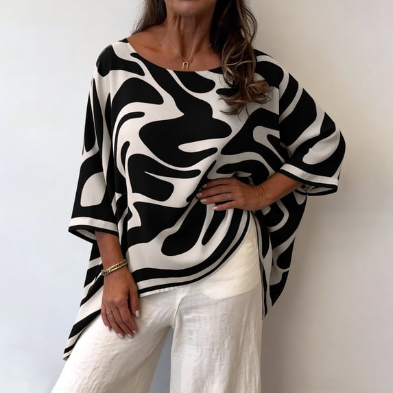 Dolkfu 3/4 Sleeve Women'S Blouses Black Crew Neck Watercolor Wash Pull-on Tops Patchwork Retro Vintage Abstract Blouses & Tops Black,Xxl