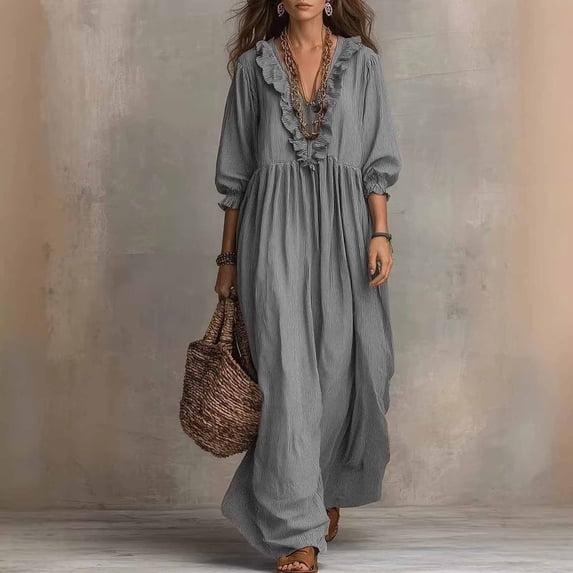 Dolkfu 3/4 Sleeve Women'S Clothing Cotton Blend V-Neck Gray Petal Maxi Peasant Dresses Relaxed Fit Retro Vintage Solid Modern Dresses Gray,Xxl