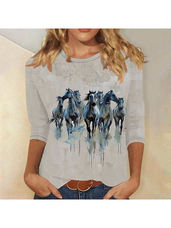 3/4 Sleeve Women'S T Shirts Multicolor Pull-on Crew Neck Horse T-Shirts Animal Casual Modern Tops Multicolor,S