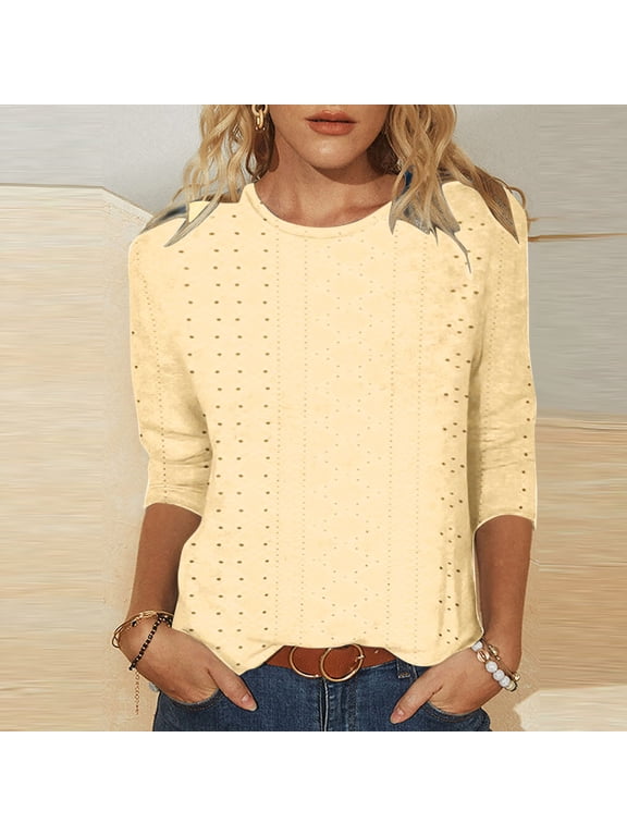 3/4 Sleeve Women'S Tops Beige Crew Neck Minimalist Pull-on Blouses & Tops Casual Modern Solid Beige,L