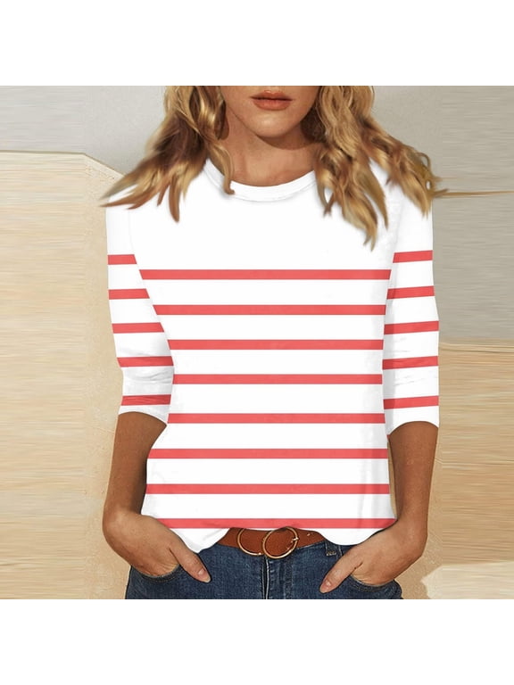 3/4 Sleeve Women'S Tops French Chic Crew Neck Red Pull-on T-Shirts Striped Patchwork Retro Vintage Tops Red,Xxl
