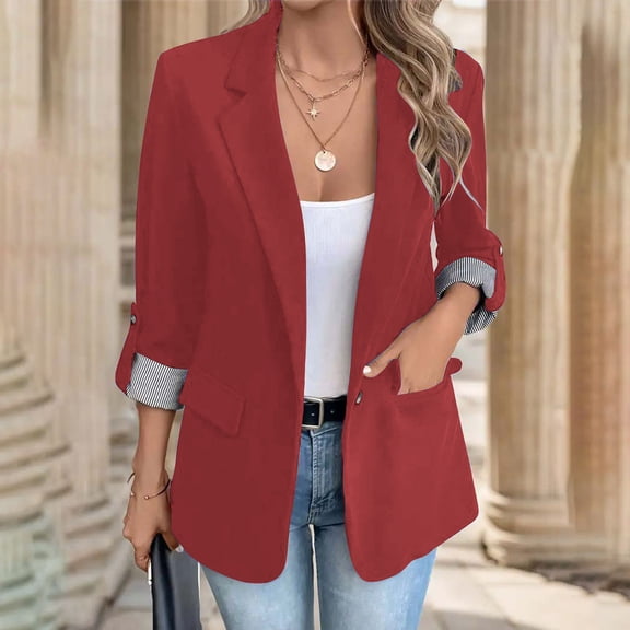 Dolkfu 3/4 Sleeve Womens Fall&Winter Jackets Red Collared Button Retro Suit Solid Refined Modern Jackets Red,S