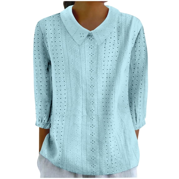 Dolkfu 3/4 Sleeve Womens Summer Tops Blue Collared Refreshing Pull-on Blouses & Tops Minimalist Modern Solid Sky Blue,L