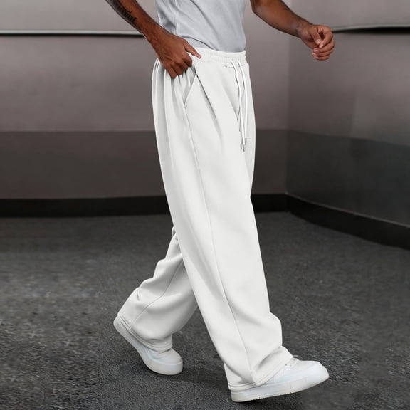 Dolkfu Athletic Men Pants White Wide Leg Drawstring Sweatpants Baggy Active Open Bottom Winter Mens Trouser,S