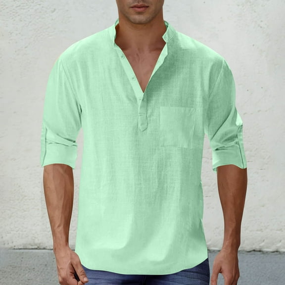 Dolkfu Basic Tee Shirts Mens Band Collar Pullover Tees Casual Long Sleeve Solid Collared Tees Men Trendy Tops S