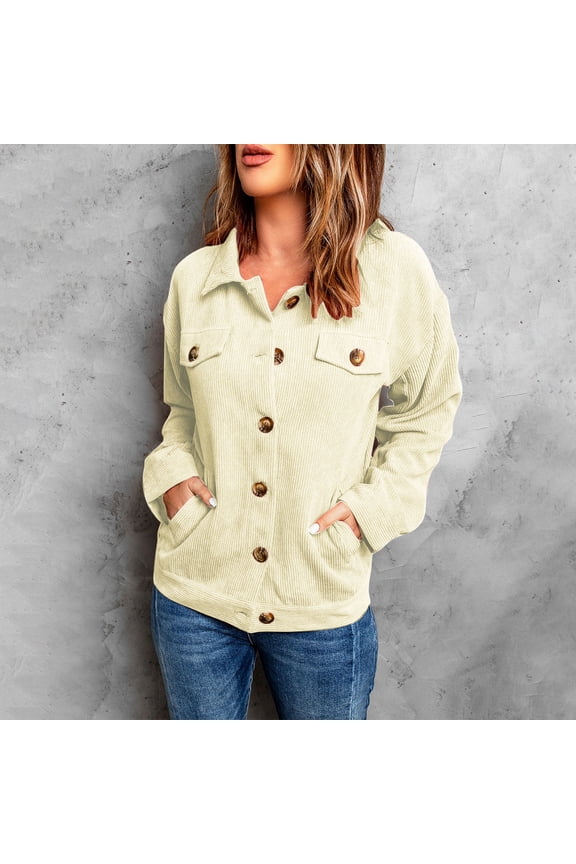 Beige Womens Jacket Button Down Collared Corduroy Jacket Classic Fit Lightweight Shacket Womens Fall Coat XL