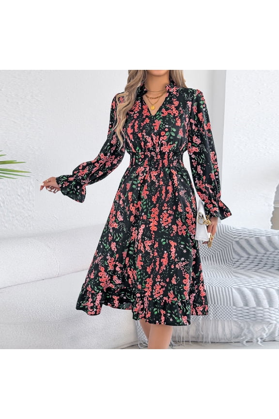 Black Fall&Winter Dresses for Women Mid-Length Long Sleeve V-Neck Boho Fit & Flare Dresses Relaxed Fit Abstract Retro Vintage Dresses Black,L