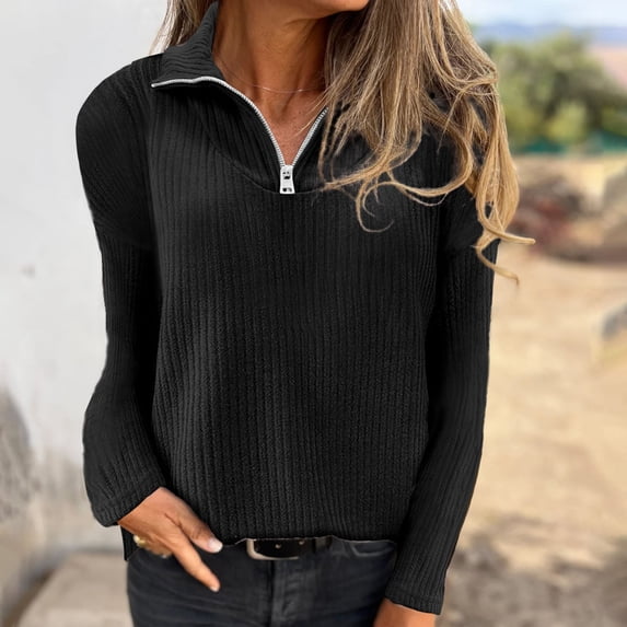 Dolkfu Black Fall Winter Tops for Women 2026 Long Sleeve Minimalist Zip Mock Neck Knitted Fabric Zip-Up Sweaters Refined Solid Sweaters Black,L