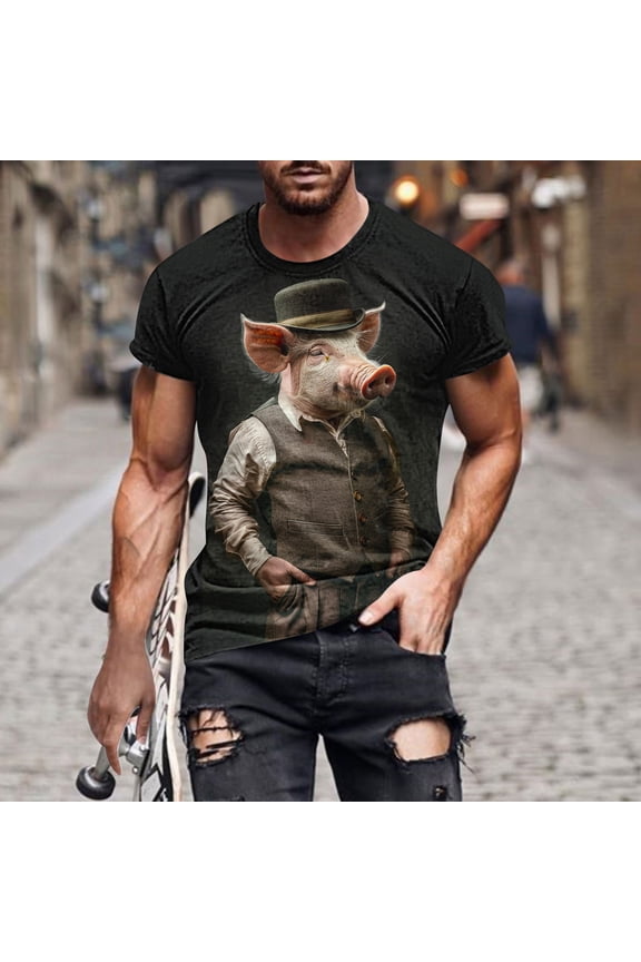 Black Graphic Tees Men Crew Neck Short Sleeve Pig Tops Animal Casual Fashion T-Shirts Mens Dress Shirts