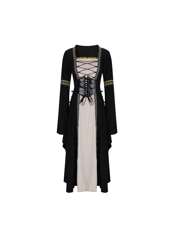 Black Long Dresses for Women Long Sleeve Square Neckline Gothic Retro Fall Winter Ball Gown Dresses Patchwork Fashion Slim,S