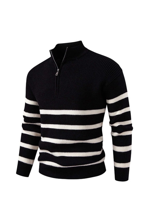 Black Mens Fall Sweaters 2025 Striped Mock Neck Quarter Zip Sweater Ribbed Mens Slim Fit Po-Lo Shirt L