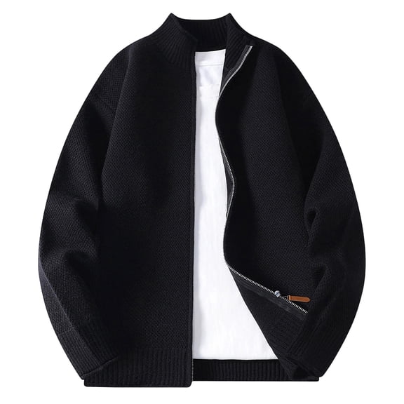 Dolkfu Black Mens Sweater Mock Neck Full-Zip Cardigan Sweaters Stand Collar Solid Men's Long Sleeve Sweater Jacket L
