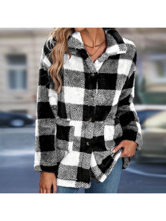 Black Women'S Jackets Collared French Style Long Sleeve Flannel Short-Length Mid-Weight Fleece Plaid Warmth Geometric Jackets Black,S