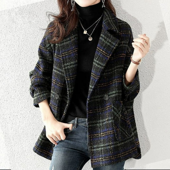 Dolkfu Black Womens Fall Jacket Wool Double Breasted Notched Lapel Trench Coat Plaid Business Peacoat Womens Winter Coat L