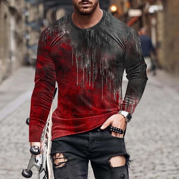 Dolkfu Bloody Printed Mens Shirts Casual Horrible Tees Long Sleeve Crew Neck T Shirts Men Tops,2X
