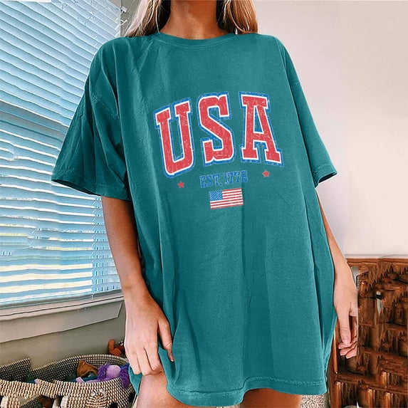 Dolkfu Pull-on Blouses for Women Dressy Casual Green Short Sleeve 250th Anniversary Independence Day Crew Neck T-Shirts Graphic Prints Minimalist Tops Green,Xl