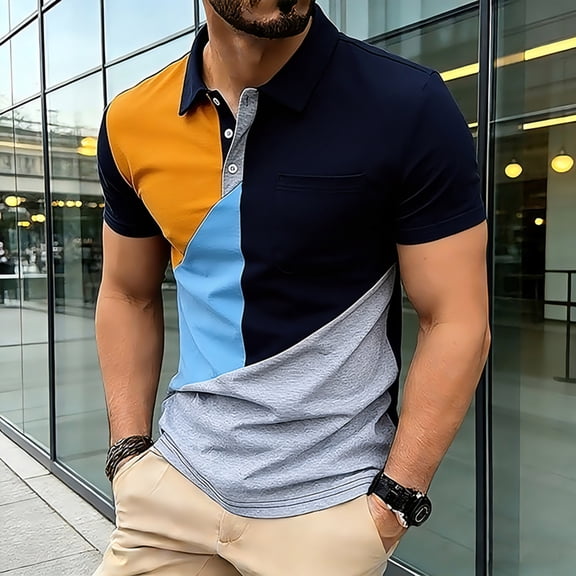 Dolkfu Blue Funny&nbsp;Shirts Short Sleeve Collared Button Refreshing Tops Geometric Patchwork Artistic Polos Navy,S