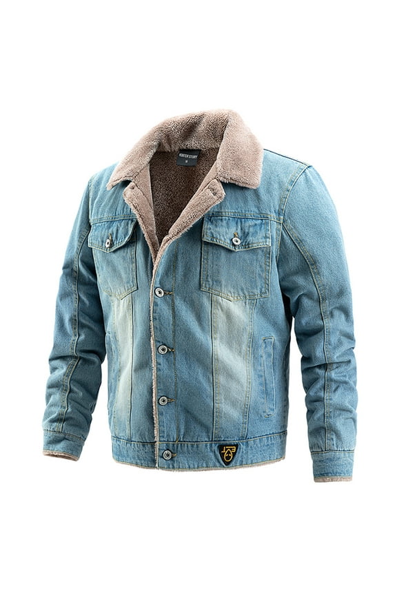 Blue Jacket Men Heavyweight Fleece Lined Trucker Jacket Button Down Thermal Fuzzy Sherpa Coat Coats for Men XL