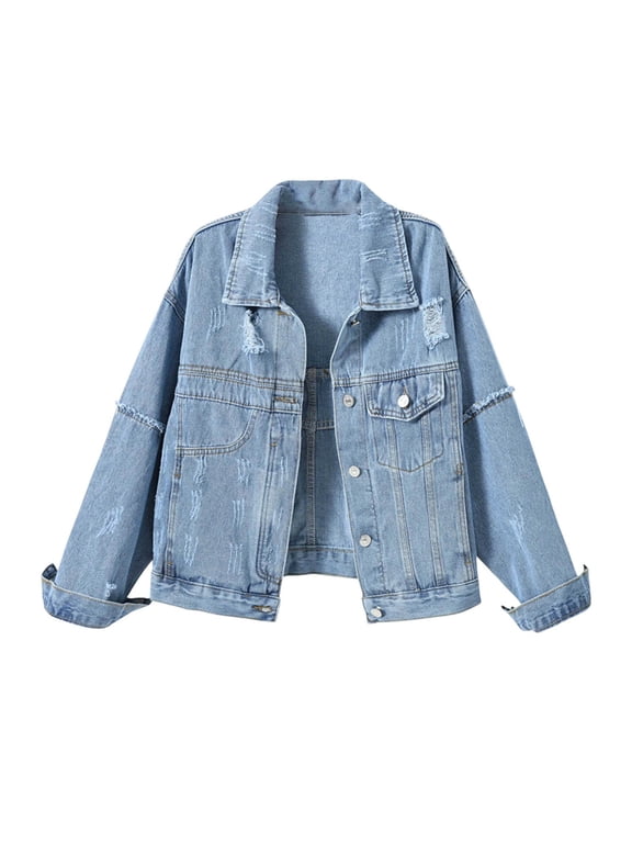 Blue Mid-Length Western Jacket for Women Long Sleeve Collared Western Style Refined Fall Mid-Weight Trucker Jackets Solid Minimalist,XL