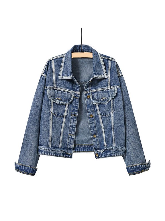 Blue Mid-Length Women Western Jacket Long Sleeve Collared Western Style Retro Vintage Fall Mid-Weight Trucker Jackets Fashion Solid,XXXXXL