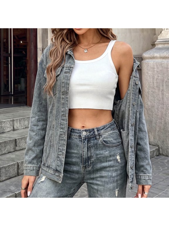 Blue Mid-Length Women Western Jacket Long Sleeve Collared Western Style Solid Fall Mid-Weight Trucker Jackets Romance Slouchy Relaxed Fit,L