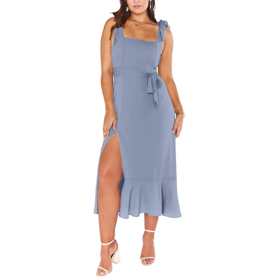 Dolkfu Blue Summer&Fall Dresses for Women Sleeveless Square Neckline Front High Split Long Fit & Flare Dresses Romance Solid Dresses Light Blue,M