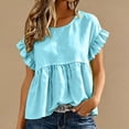 thumbnail image 1 of Dolkfu Blue Summer Tops for Women Short Sleeve Retro Crew Neck Pull-on Blouses & Tops Solid Modern Casual Sky Blue,L, 1 of 6
