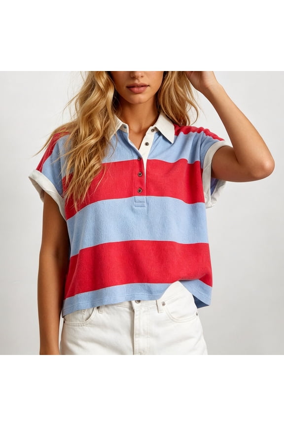 Blue Tops for Women Trendy Short Sleeve Collared French Chic Casual Fashion Striped Blouses & Tops Blue,S