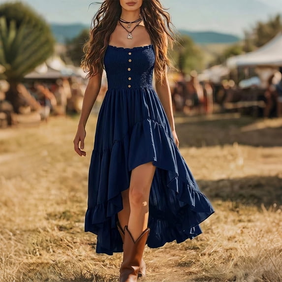 Dolkfu Blue Women'S Clothing Retro Sleeveless Square Neckline Mid-Length Slip Dress Modern Solid Regular Ornamental Button Flowy Dresses Navy,Xxl