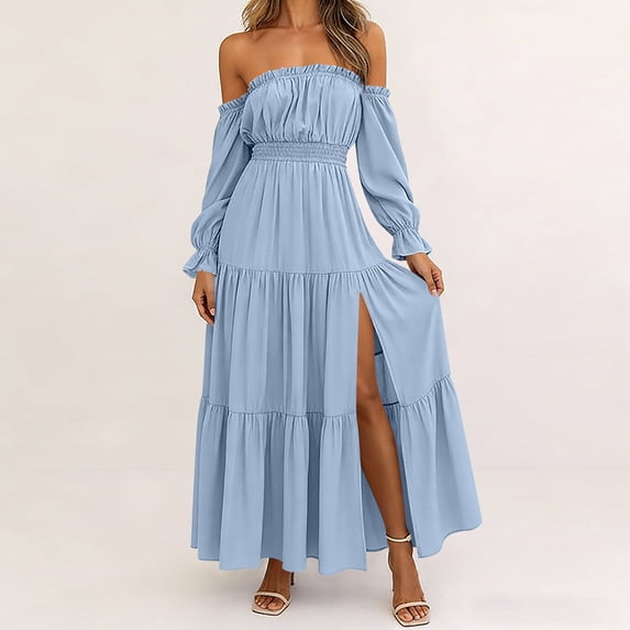 Dolkfu Blue Women'S Dresses, Tees & Blouses Refined Long Sleeve Boat Neck Sundress Solid Relaxed Fit Retro Vintage Maxi Dresses Light Blue,Xxl