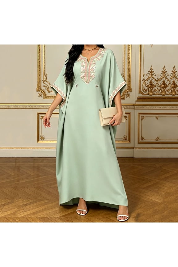 Boho Fall&Winter Dresses for Women Green 3/4 Sleeve V-Neck Maxi Wrap Dresses Paisley Relaxed Fit Geometric Refined Dresses Green,S