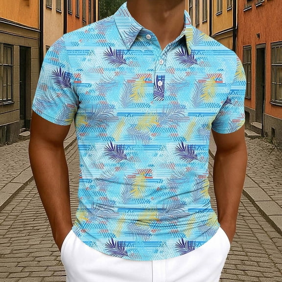 Dolkfu Boho Golf Shirts for Men Short Sleeve Collared Multicolor Tops Pattern Feathers Polos Summer Tops