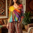 thumbnail image 1 of Dolkfu Boho Tops for Women Trendy V-Neck 3/4 Sleeve Yellow Pull-on Blouses & Tops Refreshing Patchwork Abstract Yellow,Xl, 1 of 5