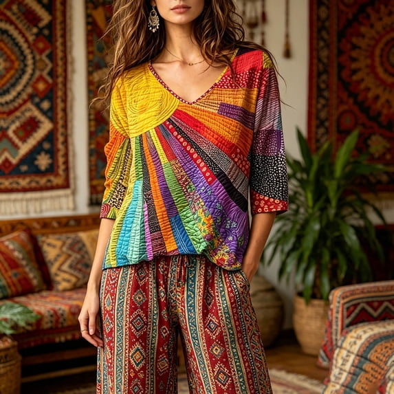 Dolkfu Boho Tops for Women Trendy V-Neck 3/4 Sleeve Yellow Pull-on Blouses & Tops Refreshing Patchwork Abstract Yellow,Xl