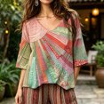 thumbnail image 1 of Dolkfu Boho Women'S Tops Pull-on 3/4 Sleeve Pink V-Neck Blouses & Tops Refreshing Abstract Patchwork Pink,Xl, 1 of 5