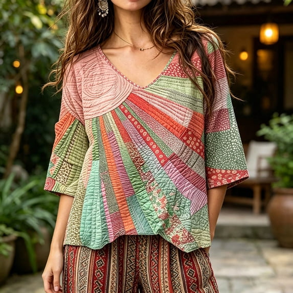 Dolkfu Boho Women'S Tops Pull-on 3/4 Sleeve Pink V-Neck Blouses & Tops Refreshing Abstract Patchwork Pink,Xl