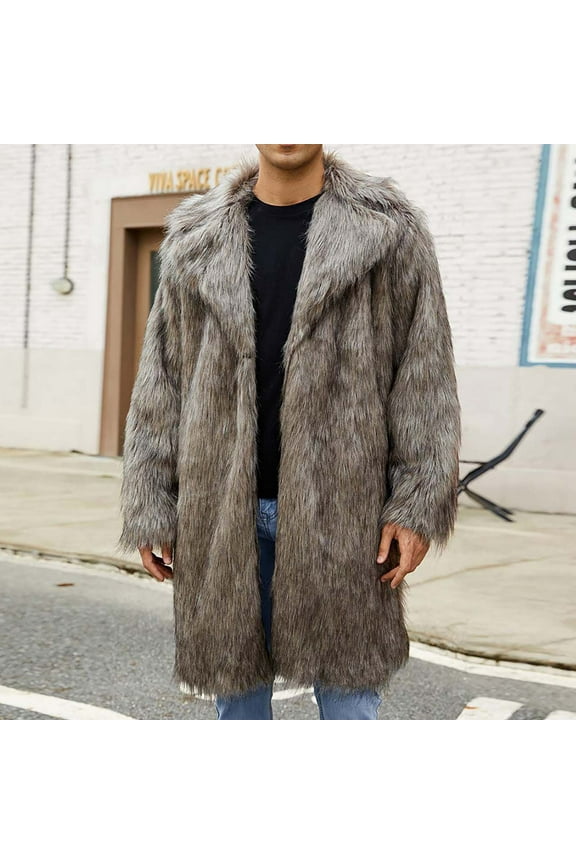 Brown Jackets for Man Mid Length Faux Fur Trench Coat Open Front Fuzzy Long Coat Winter Coats for Men L