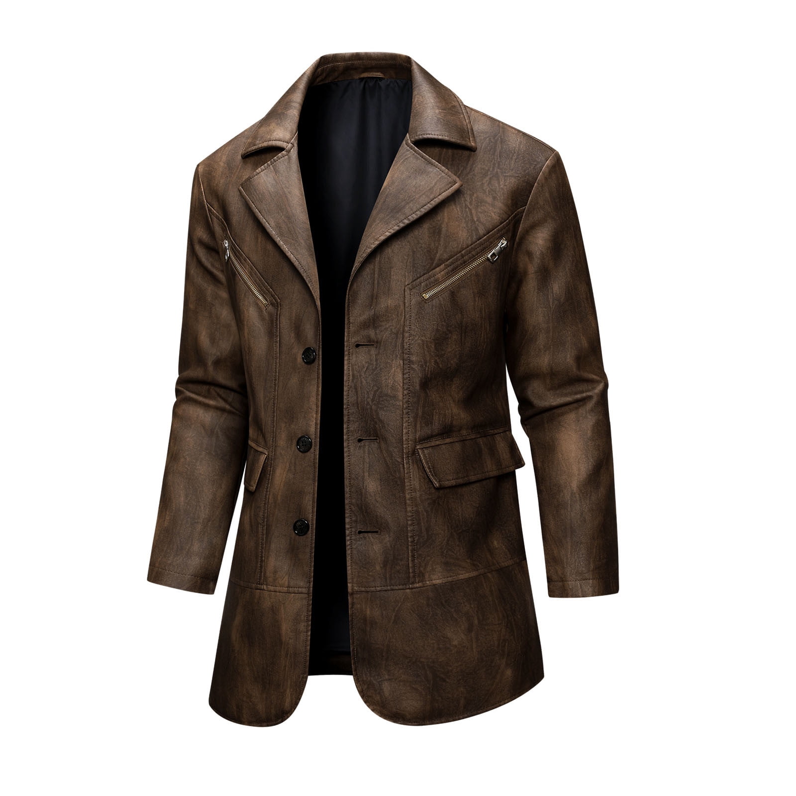 Dolkfu Brown Men Jacket Faux Leather Distressed Windbreaker Motocycle Vintage Trench Coat Mens Coats Winter 3XL