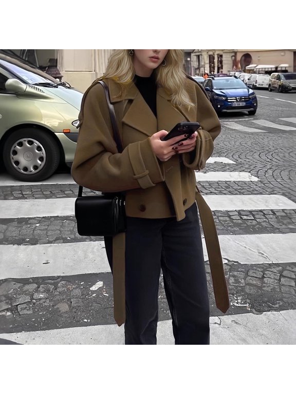Brown Short Western Jacket for Women Long Sleeve Collared Western Style Solid Fall Mid-Weight Overcoat Jackets Retro Vintage Soft Luxe,XXL