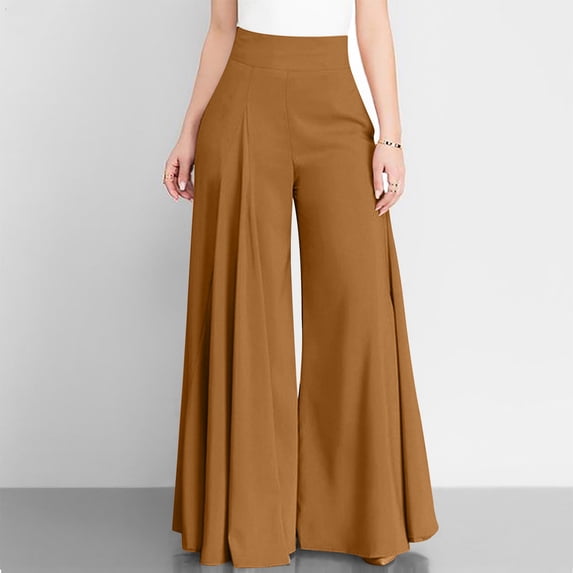Dolkfu Brown Womens Fall Pants High Waisted Wide Leg Yoga Dress Pants Pleated Flowy Bell Bottom Fall Pants Women L