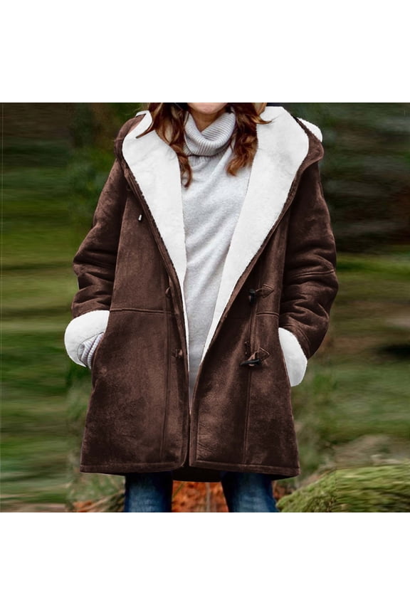 Brown Womens Jacket Hooded Faux Suede Fleece Lined Peacoat Solid Long Sleeve Toggle Overcoat Women Coats 3XL