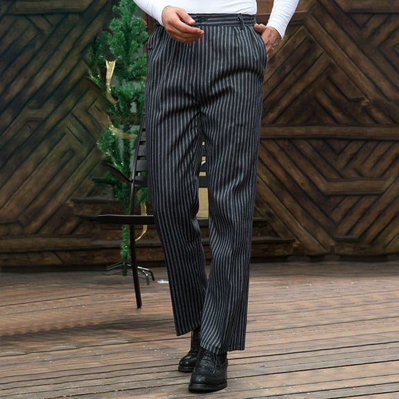 Dolkfu Business Mens Pants Black Cotton Striped Straight Leg formal Dress Pants Men Trousers L