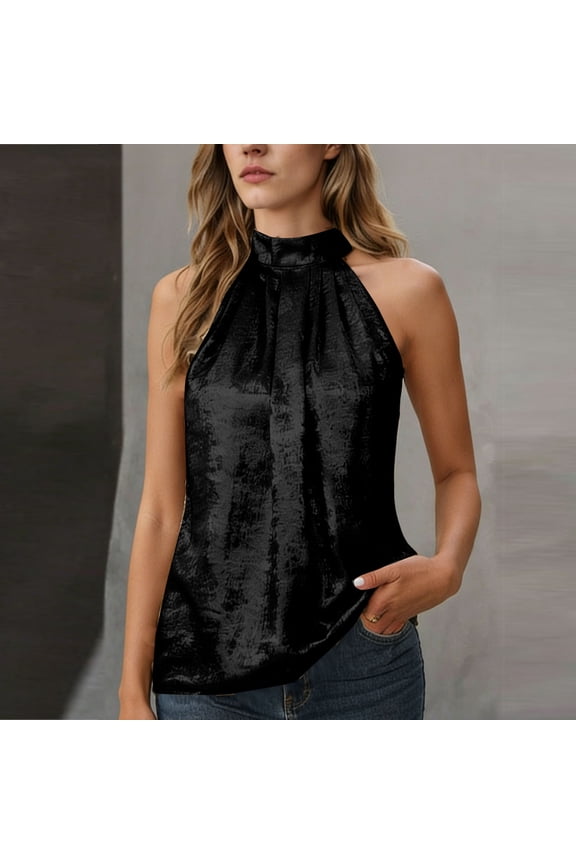 Business Trendy Summer Tops Women Smocked Halter Tank Tops Mock Neck Sleeveless Womens Tee Shirt L
