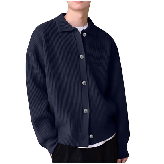 Dolkfu Button Down Men Fall Sweaters Blue Classic Fit Cardigan Sweaters Men's Lapel Collar Ribbed Knitwear XXL