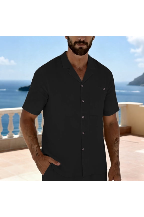 Button Down Mens Summer Shirts Cotton Linen Shirt Men Beach Short Sleeve Pocket Collar Tees L