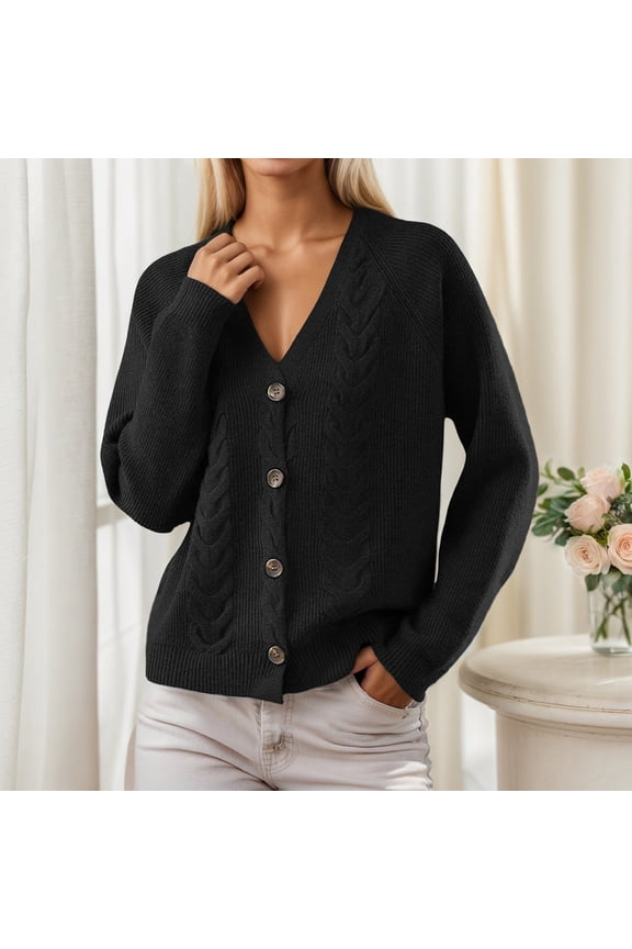 Button Down Womens Winter Sweaters Cable Knit Black V Neck Sweater Cardigan Knit Solid Blouse Womens Shirts S