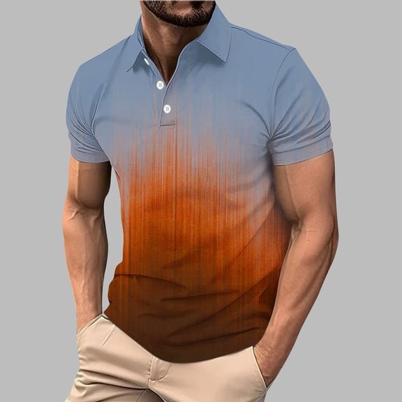 Dolkfu Button Golf Shirts for Men Short Sleeve Gradient Blue Collared Tops Modern Refreshing Patchwork Polos Navy,M